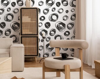 Abstract Wallpaper with Scribbled Circles Motif in Black and White - A027