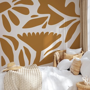 Mid-Century Retro Floral Wallpaper - Mustard Brown & White - D670