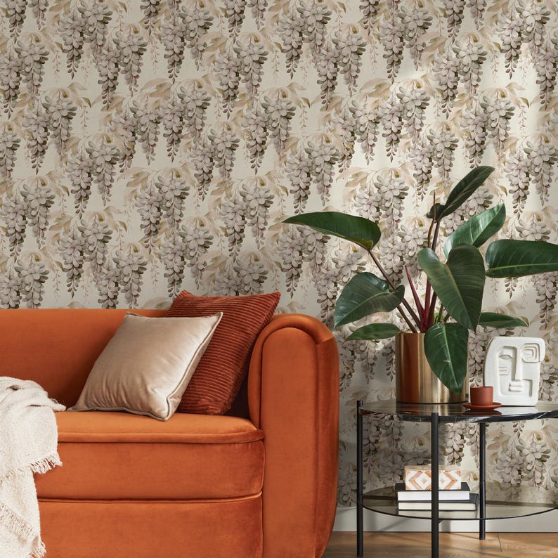 Floral Wallpaper With Hanging Wisteria Flowers in Taupe and Beige ...
