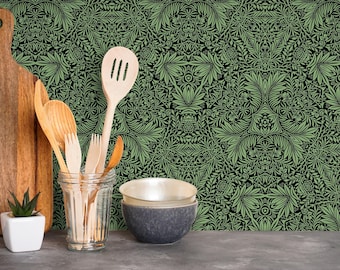 Art Nouveau Wallpaper with Intricate Leaves in Green and Black - X052
