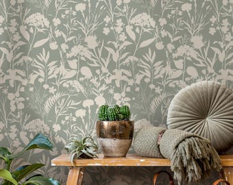 Floral wallpaper, botanical landscape wall mural, removable wallpaper, greenery, self-adhesive wallpaper, reusable, plant wall decor - E111