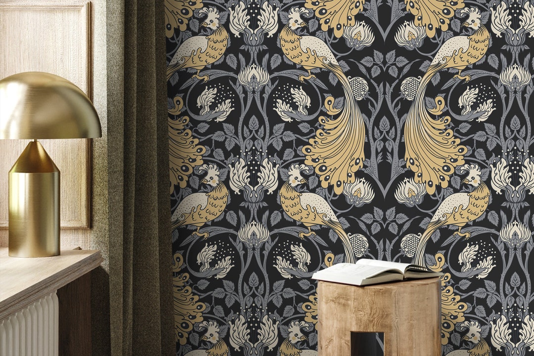 Gray and Yellow Art Nouveau Wallpaper / Peel and Stick Wallpaper ...