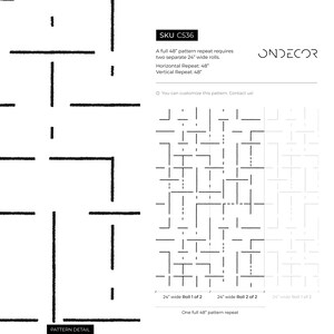 May include: Black and white geometric pattern repeat design. The pattern is 48 inches wide and 48 inches tall. The pattern is made up of horizontal and vertical lines that create a grid-like effect. The pattern is called "C536" and is available from ONDECOR.