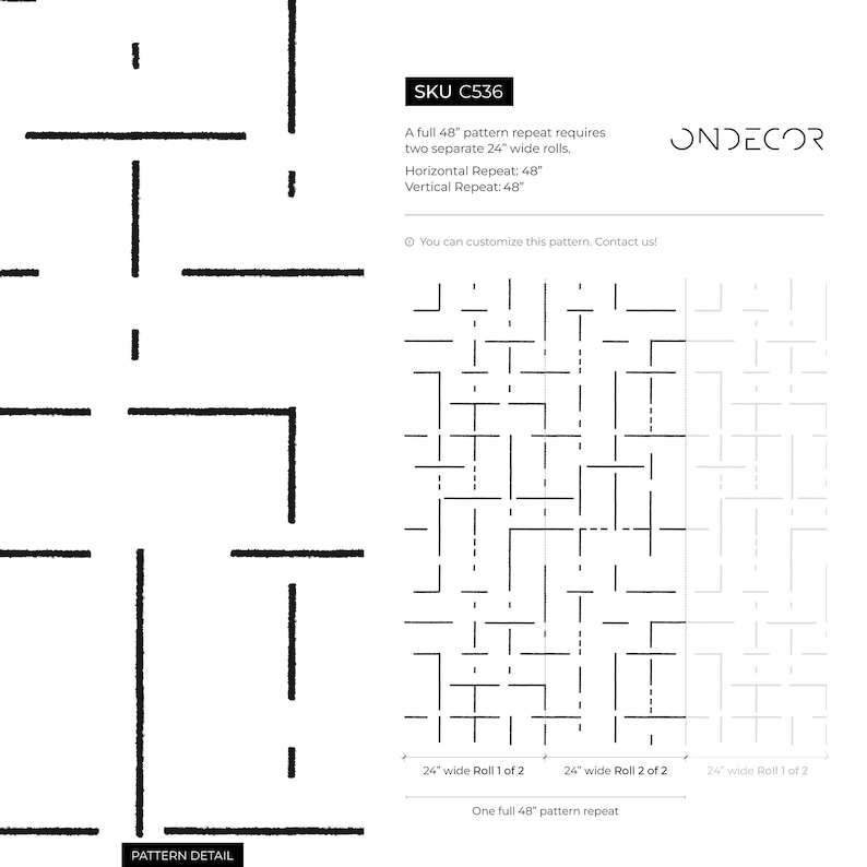 May include: Black and white geometric pattern repeat design. The pattern is 48 inches wide and 48 inches tall. The pattern is made up of horizontal and vertical lines that create a grid-like effect. The pattern is called "C536" and is available from ONDECOR.