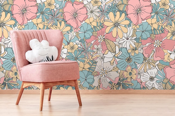 Pastel Color Floral Wallpaper / Peel and Stick Wallpaper Removable Wallpaper Home Decor Wall Art Wall Decor Room Decor - D382