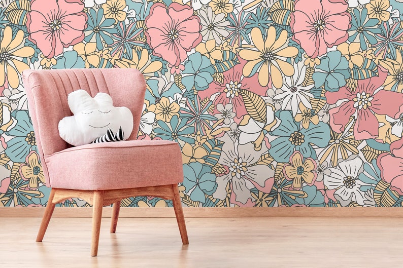 Pastel Color Floral Wallpaper / Peel and Stick Wallpaper Removable Wallpaper Home Decor Wall Art Wall Decor Room Decor D382 image 1