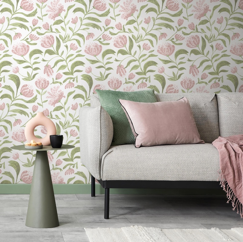 Floral Wallpaper in Pink and Green on White - Peel and Stick - C972 - Etsy
