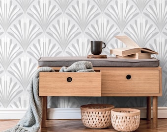 Art Deco Wallpaper with a Geometric Fan Motif in Grey and White - X136