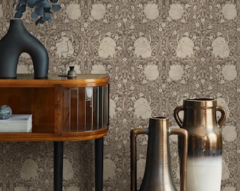 Arts and Crafts Wallpaper with a Floral Vine Motif in Brown, Beige, and White - E730