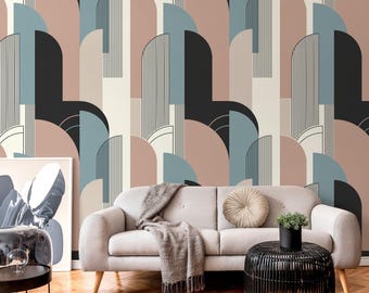 Art Deco Geometric Wallpaper - Blue & Taupe - D621