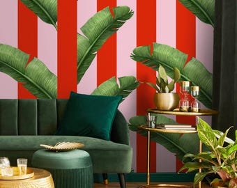 Striped Wallpaper with Tropical Banana Leaves in Green, Pink, and Red - B932
