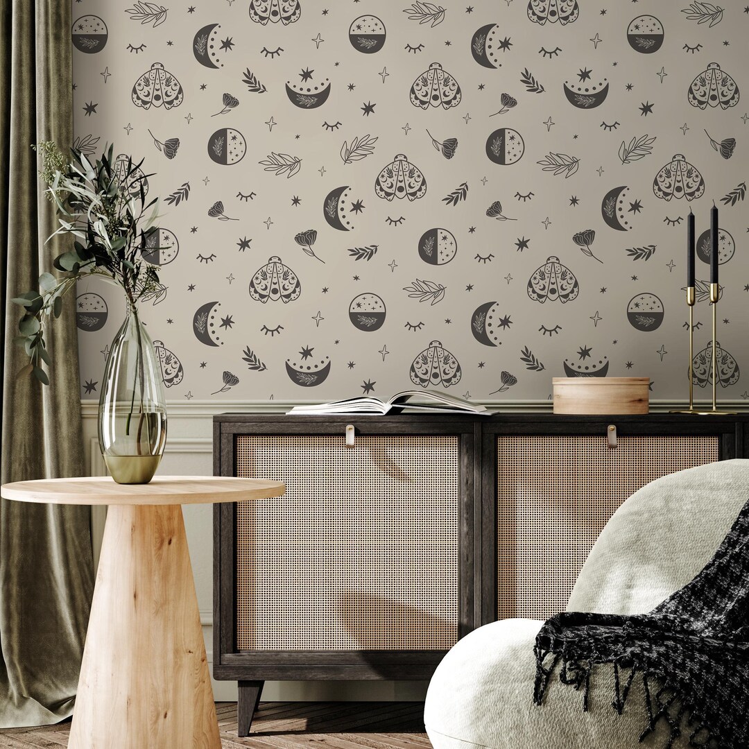 Celestial Wallpaper Featuring Mystical Moths and Moons in Gray and ...