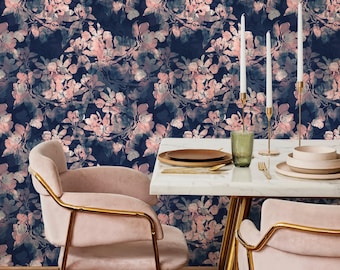 現代的な花柄ネイビーピンクの壁紙 - A033 - Etsy 日本
