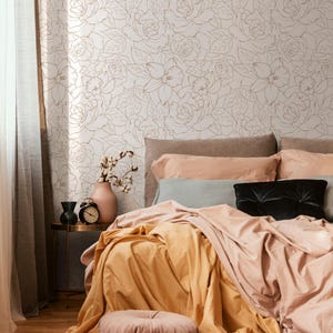 Victorian Wallpaper with a Delicate Floral Line Art in Gold and Beige - ZABU