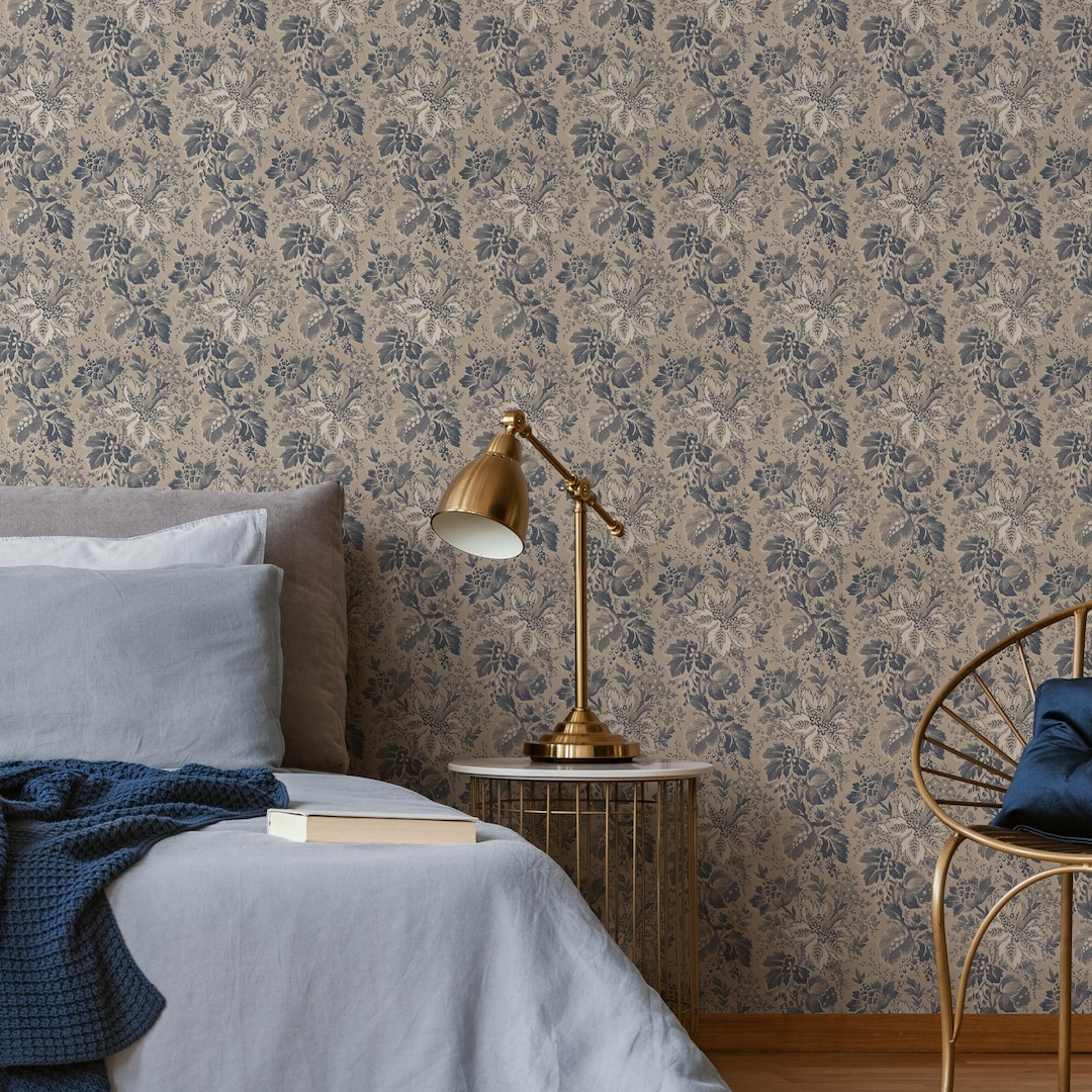 Botanical Wallpaper With a Vintage Leaf Motif in Blue, Grey, and Beige