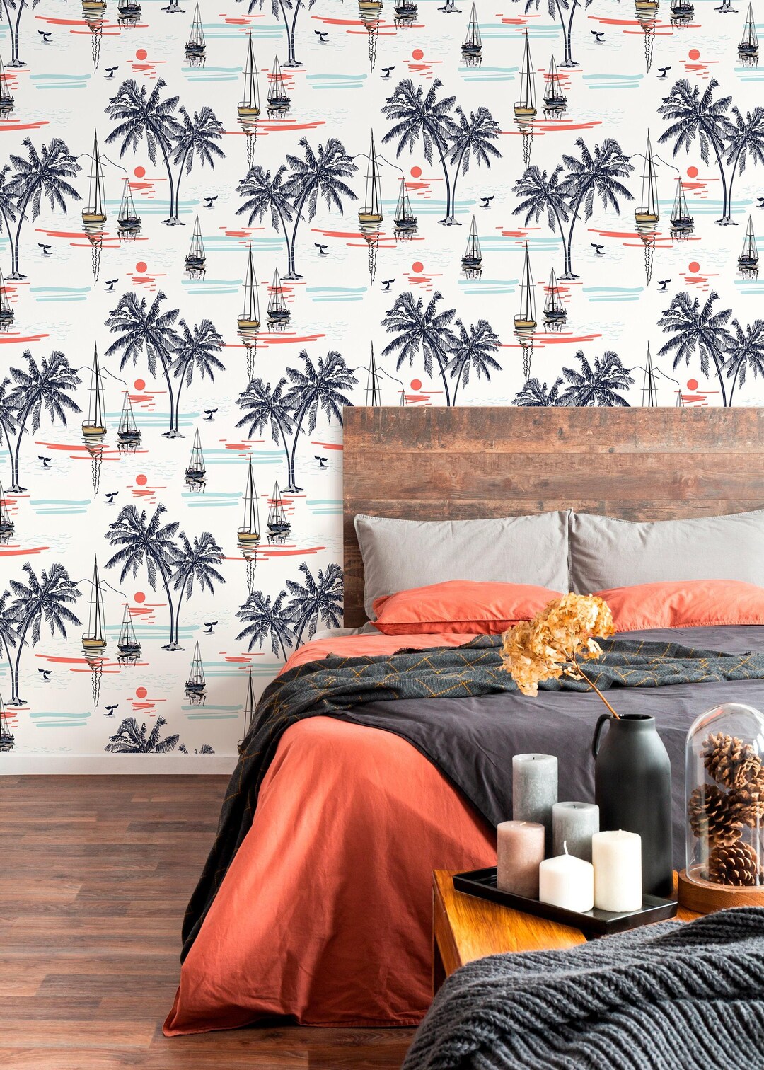 Coastal Wallpaper With Palm Trees and Sailboats in Blue and Coral ...