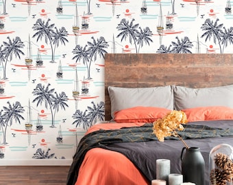 Coastal Wallpaper with Palm Trees and Sailboats in Blue and Coral - D096