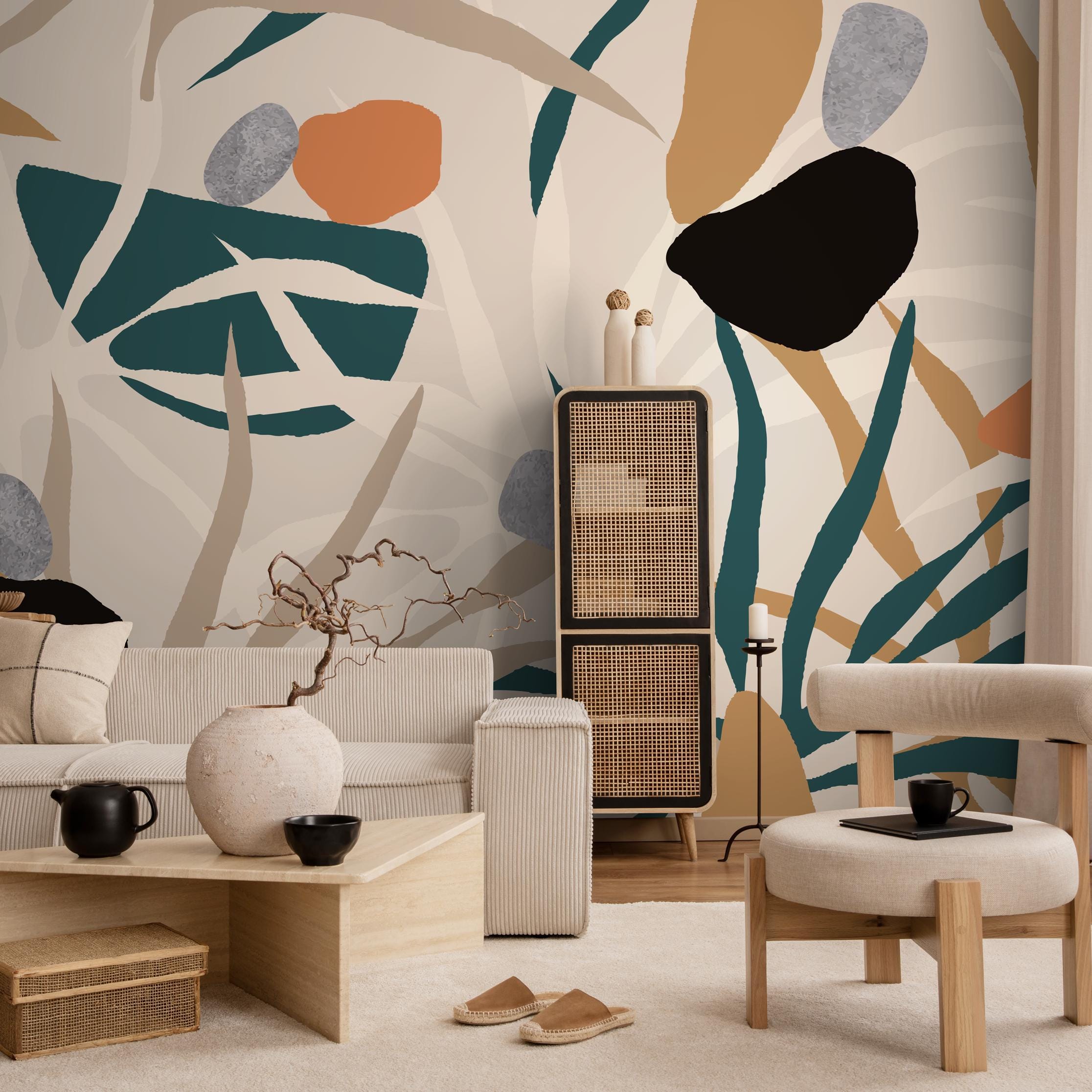 Abstract Botanical Beige & Black Wallpaper - C123 - Etsy