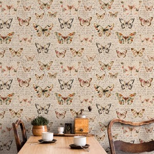 Vintage butterfly peel and stick wallpaper, wallpaper, small animal wallpaper, botanical animal wallpaper, removable wallpaper - E113