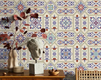 Mediterranean Tile Blue & Red Wallpaper - A128