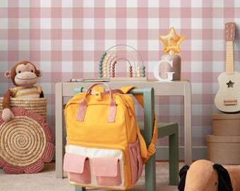 Gingham Peel and Stick Wallpaper - Pink and White Buffalo Check Plaid