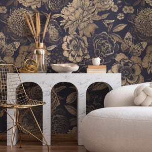 Gold Floral Wallpaper Vinatge Non-Metalic Wallpaper Peel and Stick and Traditional Wallpaper - A922