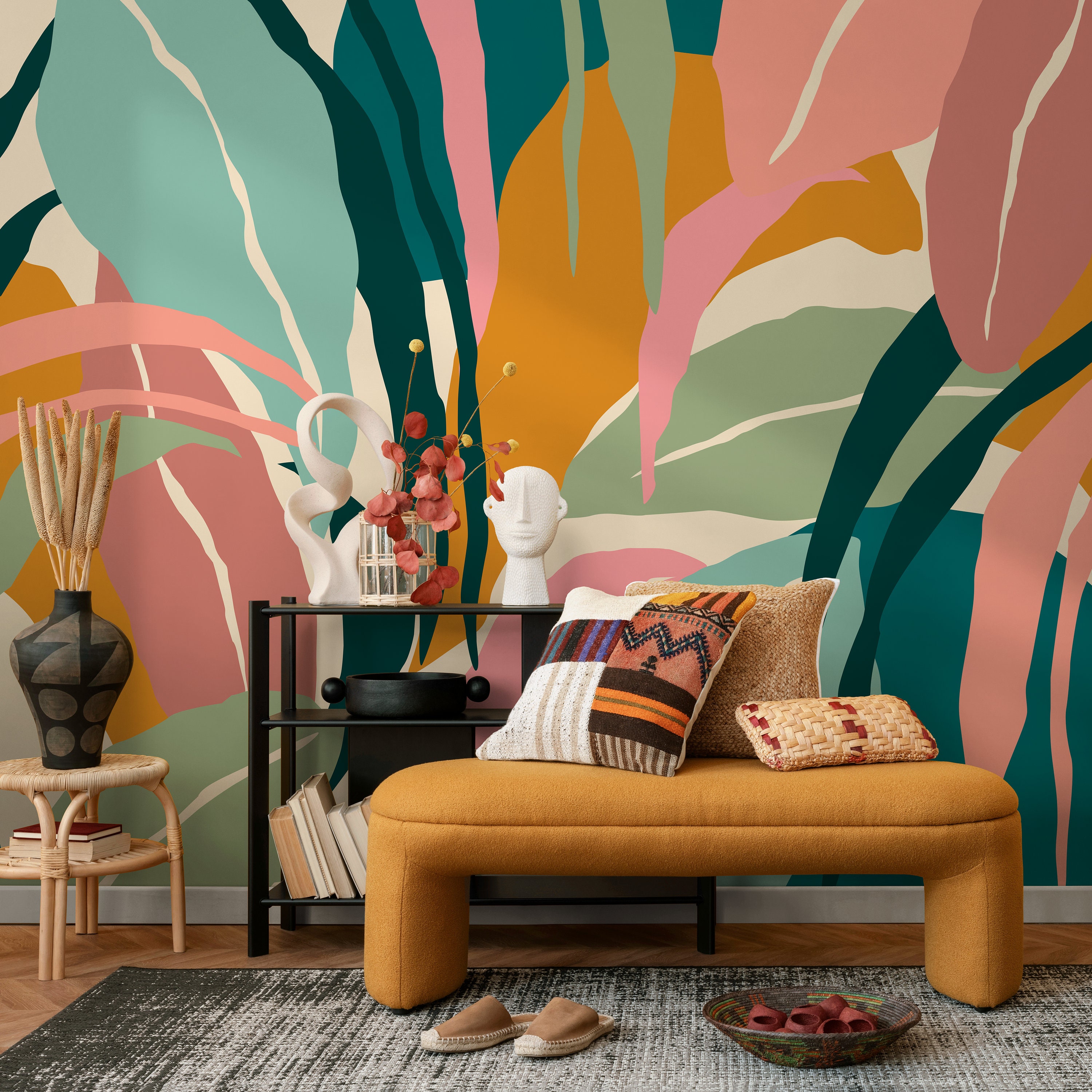 Colorful Tropical Leaves Mural Wallpaper Peel and Stick and Traditional ...