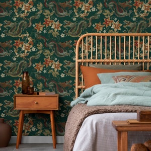 Chinoiserie Wallpaper Floral Dark Green Wallpaper Peel and Stick and Traditional Wallpaper D873 image 3