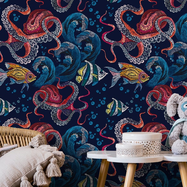 Wallpaper Peel and Stick Wallpaper Removable Wallpaper Home Decor Wall Art Wall Decor Room Decor / Colorful Coastal Octopus Wallpaper - C595