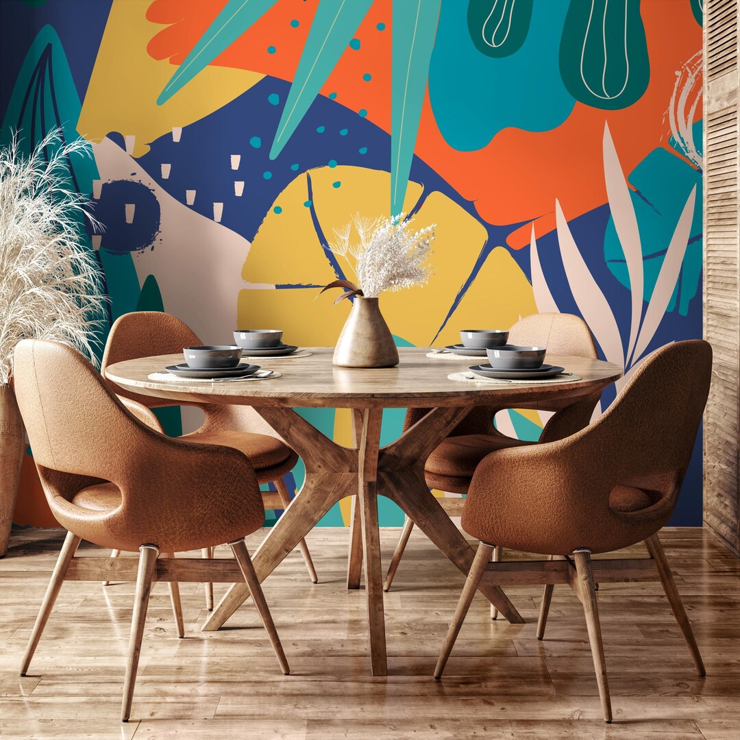 Abstract Wallpaper With Bold Botanical Shapes in Blue, Orange, and ...
