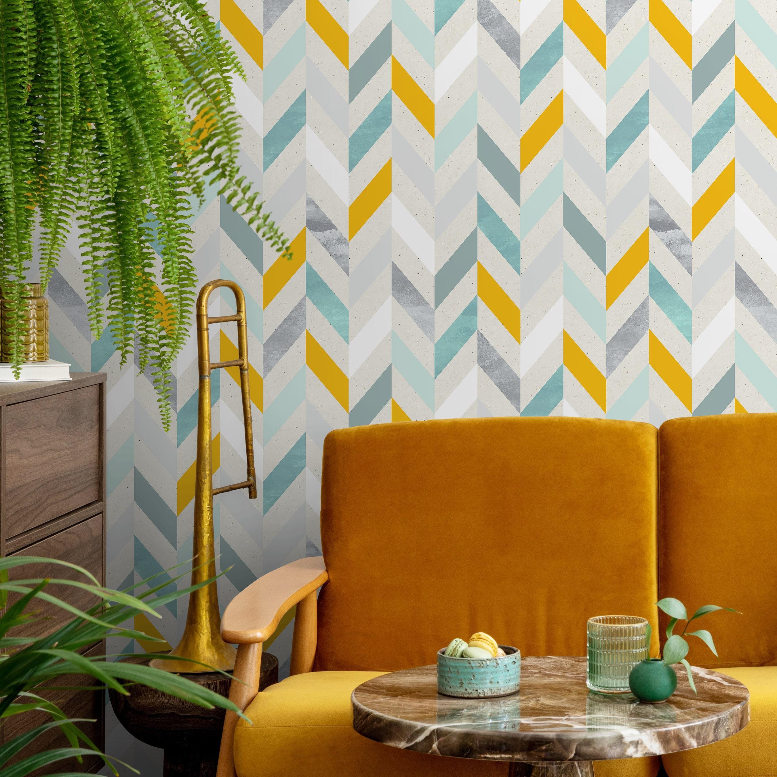 Geometric Wallpaper With a Modern Chevron Motif in Teal, Mustard, and Grey  - A360 - Etsy Israel, image size:2700x2701