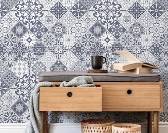 Peel and Stick Tile Wallpaper - Mediterranean Azulejo Pattern in Blue and White