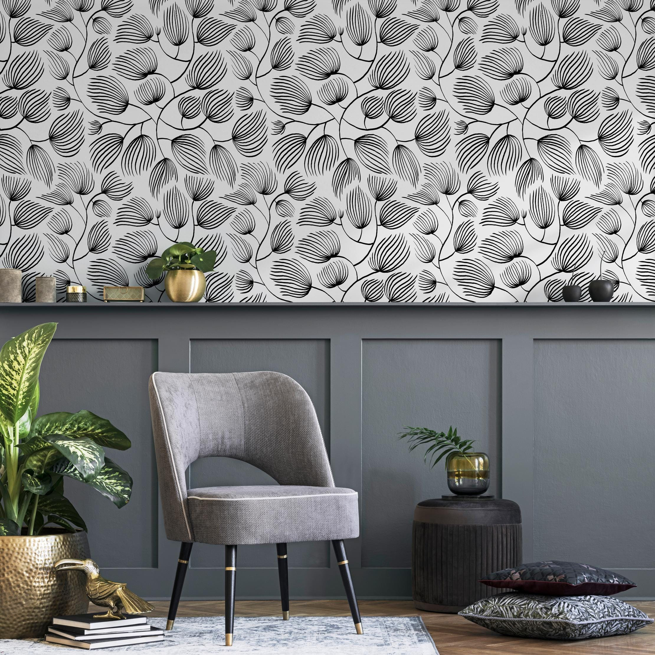 Black and White Leaves Wallpaper / Peel and Stick Wallpaper Removable ...