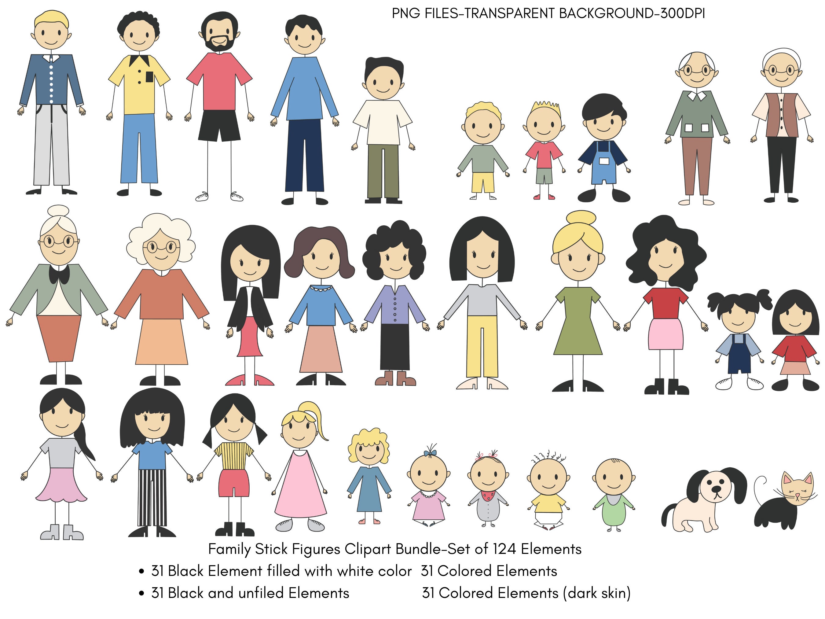 Stick Figures Clipart Set of 124 Elements Stick Children PNG Stick Boy