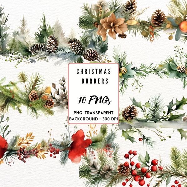 Christmas Border Clipart, Fir Branches Clipart, Red Berries Clipart, Christmas Greenery, Christmas Garland Clipart, Digital clipart, 10 PNGs