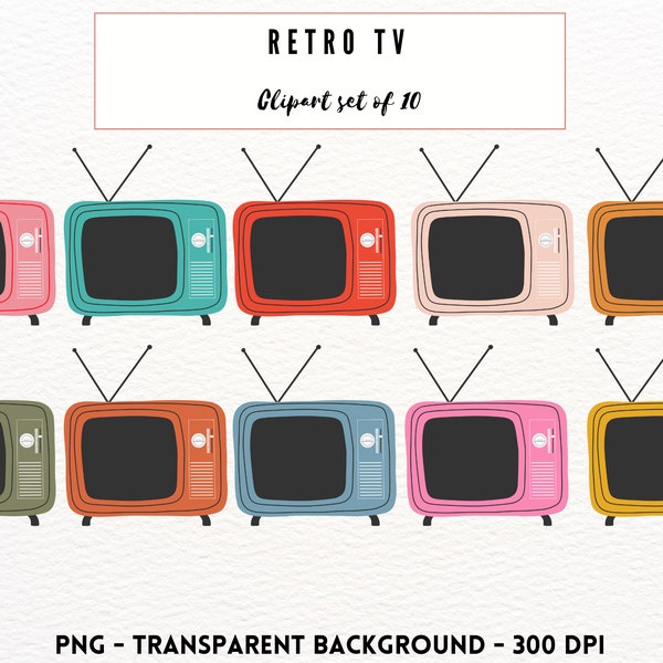 Retro TV Clipart Set of 10 Vintage TV Clip Art Television Clipart PNG Household Object Clipart Cute Digital Graphic Commercial Use