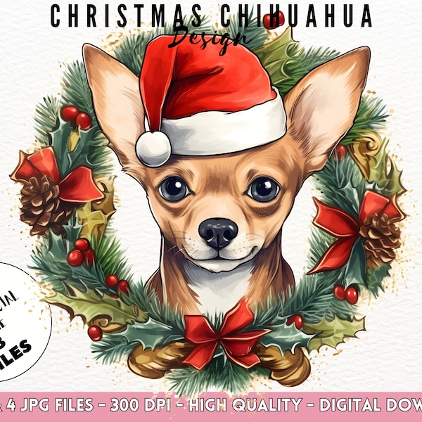 Chihuahua Dog Clipart High Quality 4 PNGs and 4 JPGs Digital Download Christmas Chihuahua Portrait Sublimation Card Making Chiwawa Clip Art