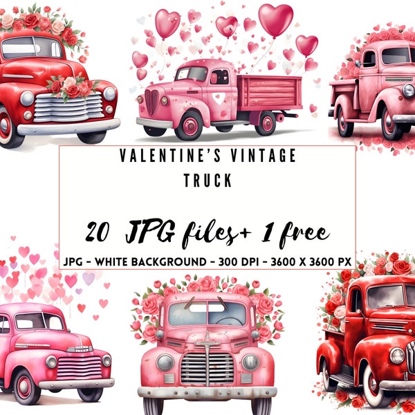 Valentine's Day clipart, Valentine's truck, Vintage Truck Clipart, Valentine's images, DIY Valentine's Day, Romantic clipart Set of 20 JPGs