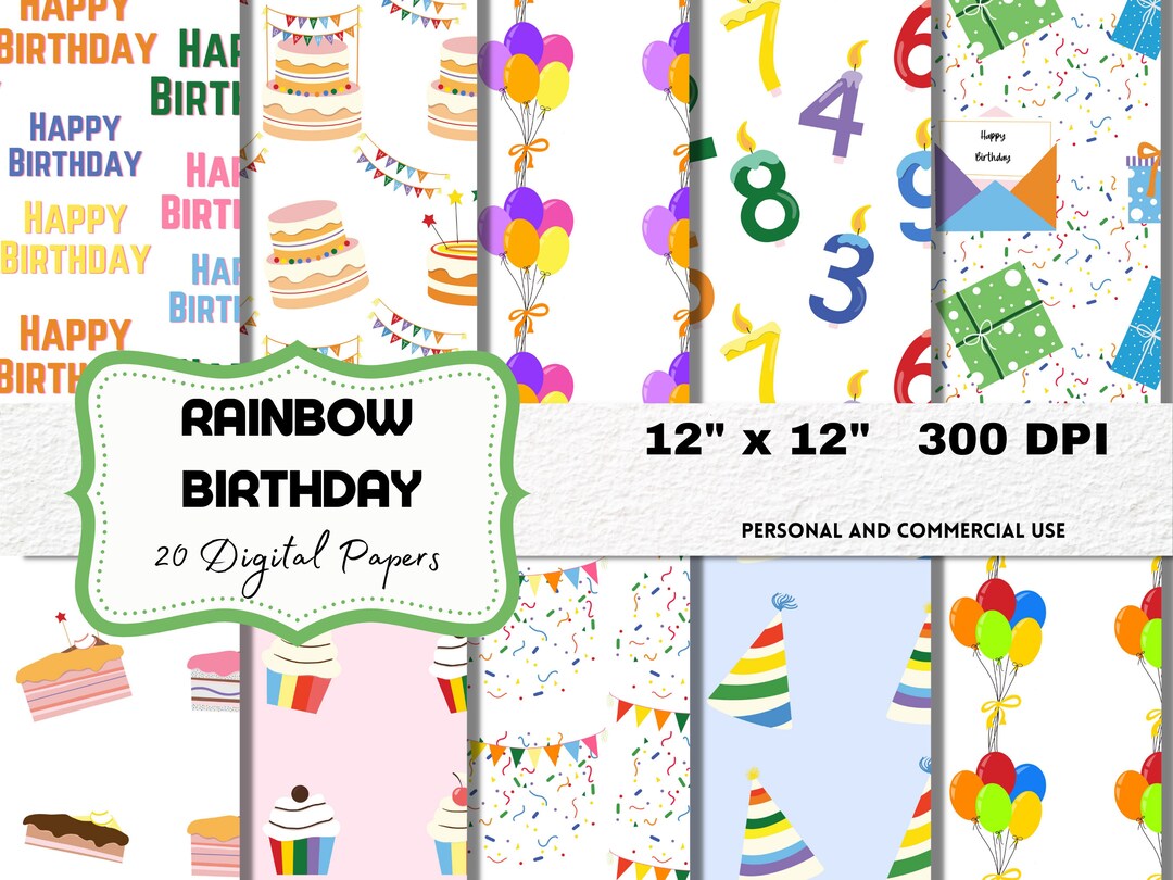 Rainbow Happy Birthday Digital Paper Birthday Scrapbook Paper Birthday ...
