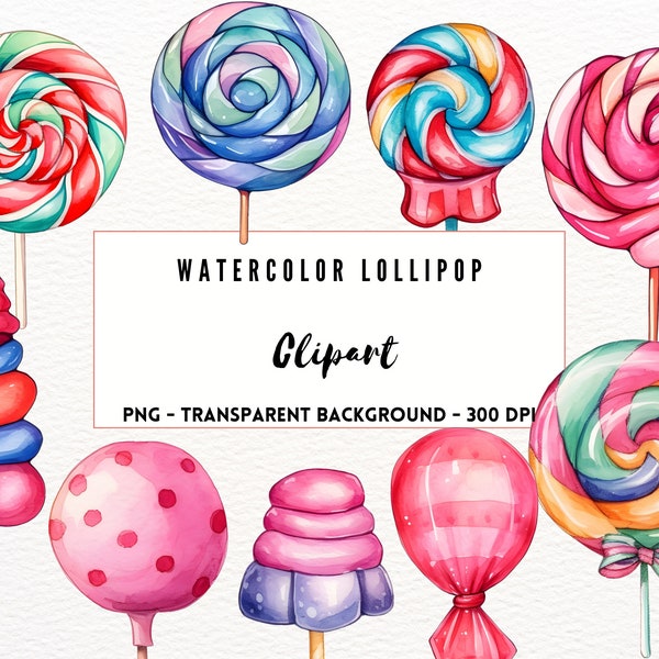 Sucette aquarelle Clipart arc en ciel sucette imprimable graphique sucette Clipart bonbons Clipart numérique bonbons Clipart sucreries ensemble de 14