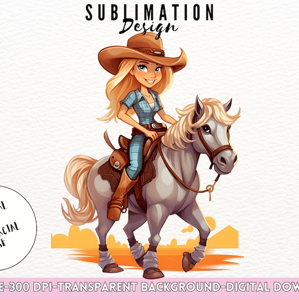 Cowgirl PNG Sublimation Design Cartoon Cowgirl Clipart Cute Cowgirl Wild West PNG Boho Clipart Western Cowgirl Horse Riding Printable