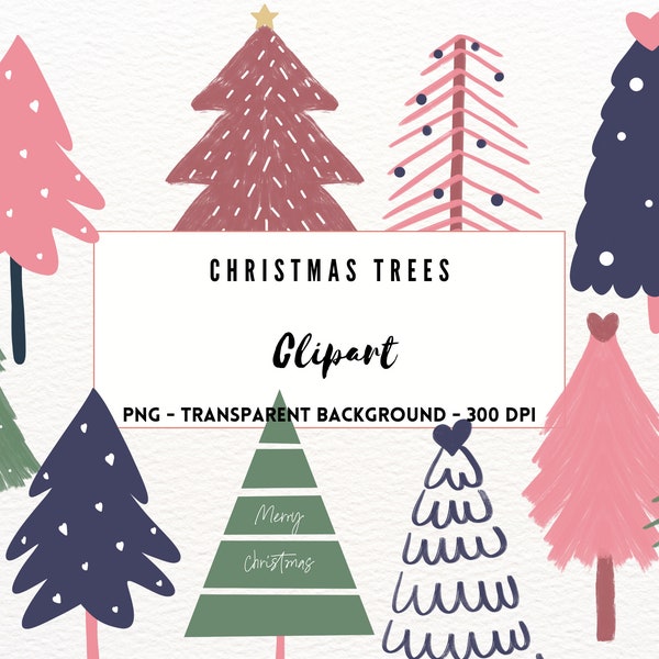 Boho Minimalist Christmas Trees Bundle Set of 15 Clipart Trendy Modern Christmas Trees Pine Tree Holiday Clipart Retro Christmas Ornament