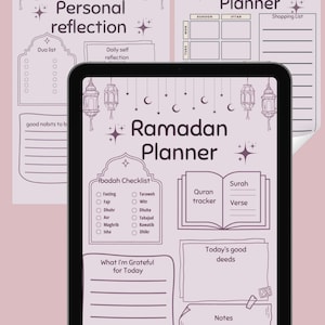 May include: A digital Ramadan planner with sections for personal reflection, meal planning, and daily ibadah checklists. The planner includes space for tracking Quran readings, good deeds, and gratitude, all in a soft purple color.