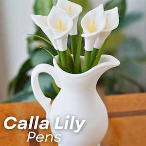 Canetas de copo-de-leite | 6 canetas de flores | 5 marcadores de página | Personalizáveis | Fabricado por veteranos | Vaso com jarra