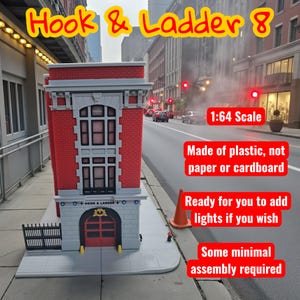 May include: A 1:64 scale model fire station, red brick with grey accents, labelled "Hook & Ladder 8". The model is made of plastic, not paper or cardboard. The image includes text that says "Ready for you to add lights if you wish". The model requires some minimal assembly.