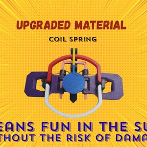 May include: A multi-colored mechanical coil spring device featuring a central blue circle, a red arched frame, purple side components, and a white lower loop. The text UPGRADED MATERIAL COIL SPRING and MEANS FUN IN THE SUN WITHOUT THE RISK OF DAMAGE is visible.