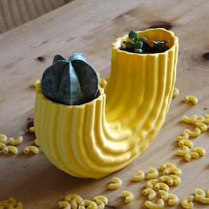 Könnte beinhalten: Ein gelber Keramiktopf in Form einer gebogenen Pastanoodle, mit zwei kleinen Sukkulenten, die darin wachsen. Der Topf steht auf einem Holztisch mit verstreuten gelben Pastanoodles.