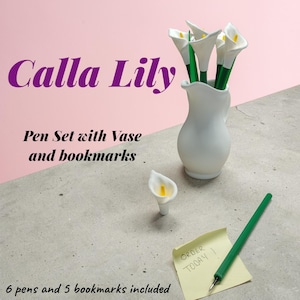 Bolígrafos de cala / 6 bolígrafos de flores / 5 marcapáginas / Personalizables / Fabricados por veteranos / Jarrón tipo jarra