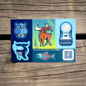 SYD - AK Critters01 - 5 vrsns. + 1 QR Code - Digital die-cut sticker, printed on white vinyl, outdoor rated 3-5 yrs.