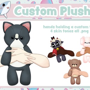 Puede incluir: Cuatro peluches, un gato blanco y negro, un oso marrón, un conejito rosa y una oveja negra y roja, están siendo sostenidos por un par de manos cada uno. Las manos son de diferentes tonos de piel. La imagen se titula "hands holding a custom toy 4 skin tones all.png".